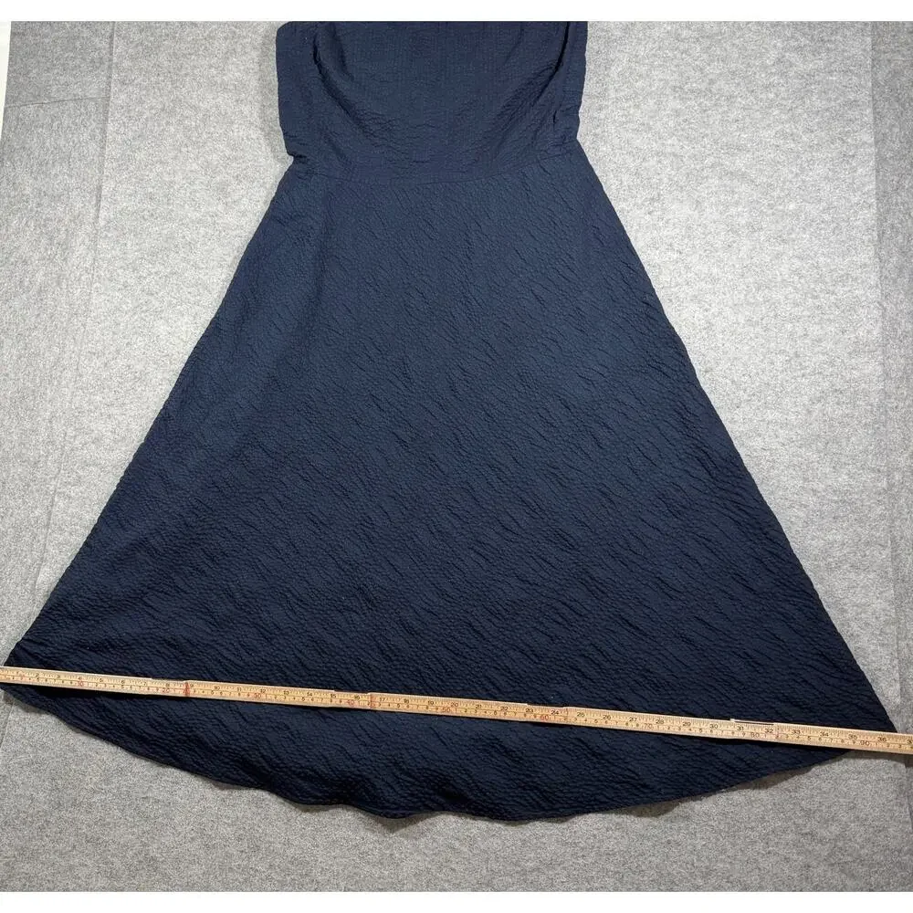 J.Crew Strapless Dress Womens 8 Navy Cotton Seersucker Sweetheart Midi Flare